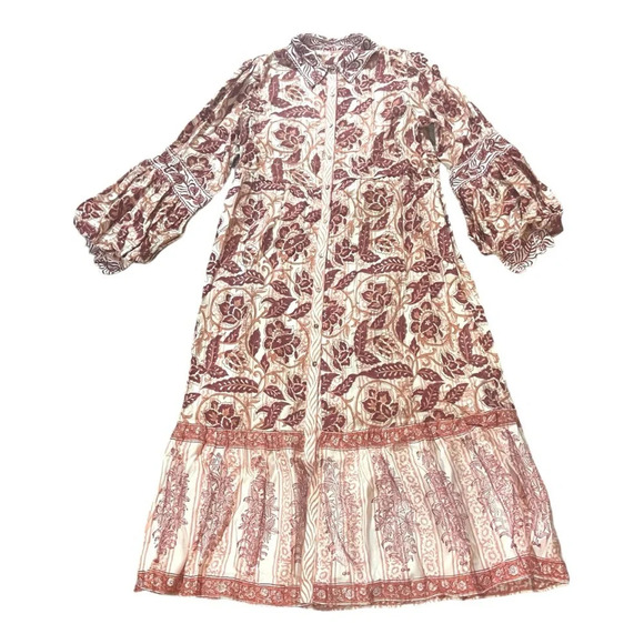 Ash & Eden Idika Pintuck Maxi Umbrella Dress Pink Chink Sz S Block Print Roman - Picture 2 of 13